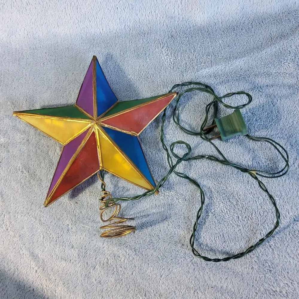 Vintage Kurt S Adler Lighted Star Tree Topper Stained Glass-Style Plastic WORKS